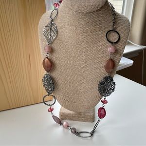 Long Pink And Silver Leaf And Flower Motif Statement Necklace